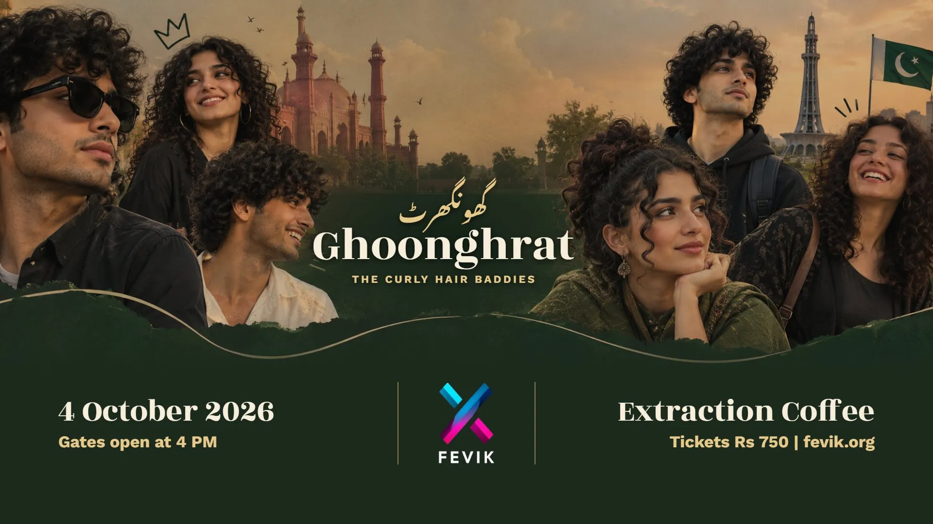 Ghoonghrat banner: curly haired friends in front of Badshahi Mosque and Minar e Pakistan. 4 October 2026, gates open at 4 PM, Extraction Coffee, tickets Rs 750